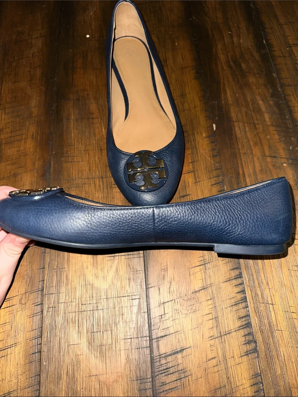 Tory Burch Navy Leather Ballet Flats with Gold Logo